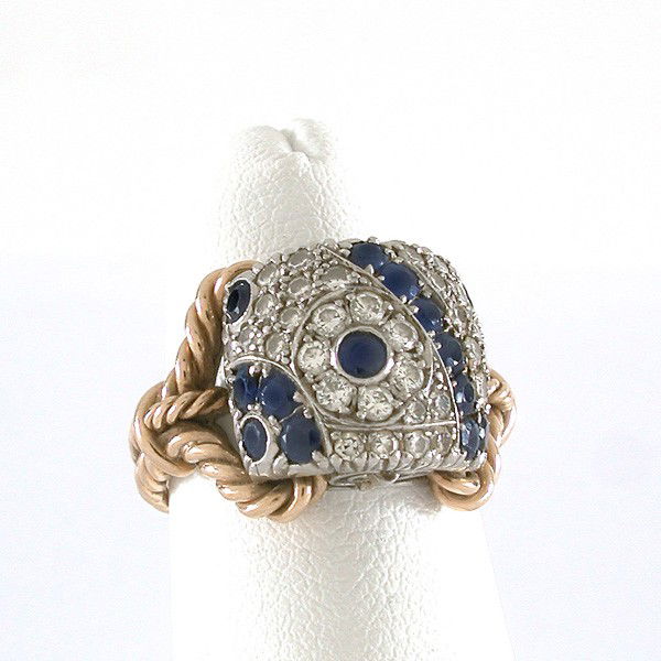 Platinum, Diamond & Sapphire Ring: RING. 14 karat yellow gold rope style shank with an ornate platinum setting featuring thrirty-three diamonds and fourteen sapphires, size 6 1/4.
