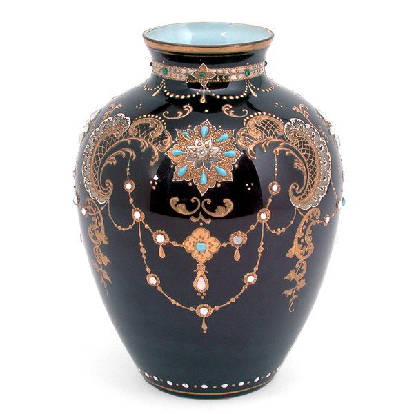 Bohemian Ruby Glass Vase, 9 1/2" t, Franz Wagner: VASE. Bohemian ruby glass vase, with gilt enamel, opaline and turquoise applique, 9 1/2" tall, Franz Wagner makers label on base.
