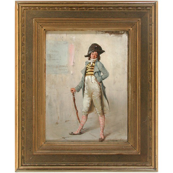 Ignaz Marcel Gaugengigl Painting, Young French Man: PAINTING. Ignaz Marcel Gaugengigl (American, 1855-1932), young French soldier, 1880, oil on wood panel, 10 3/4" x 8" viewed, signed and dated "I M Gaugengigl 1880" lower right, all original, under gla