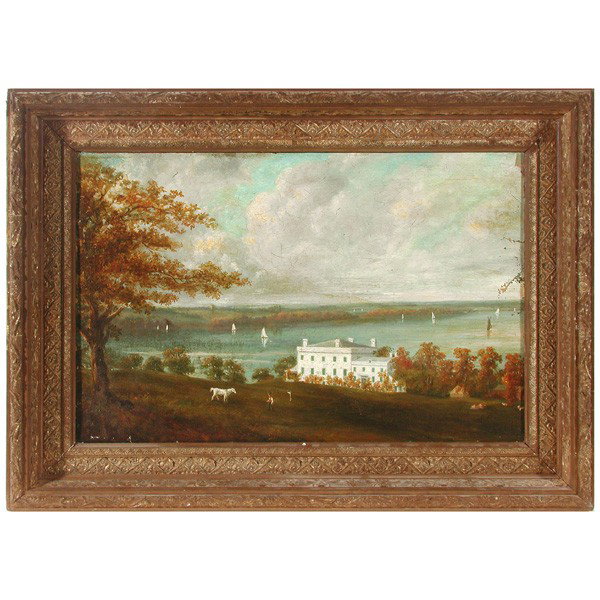 Hudson River School, House Overlooking the River: PAINTING. Hudson River School, house overlooking the river, unsigned, oil on canvas, 12" x 18 1/2", framed & in good condition, canvas loose and not stretched.