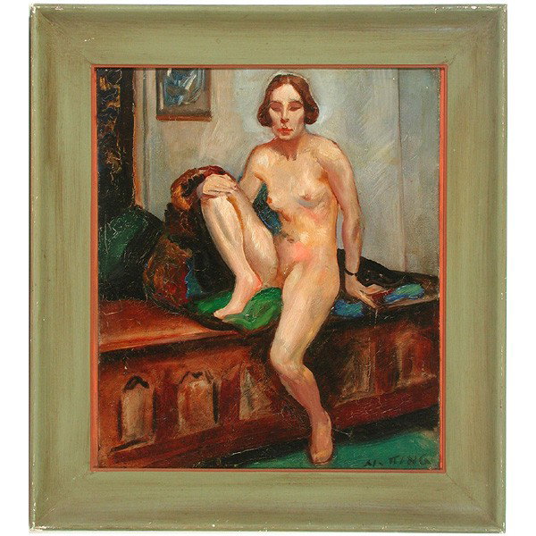Myron Chester Nutting painting (Calif 1890-1972): PAINTING. Myron Chester Nutting (Californian 1890-1972), Nude, oil on canvas, 18" x 15" signed Nutting lower right, very good condition. Vanbark Studios exhibition label on reverse, very good original