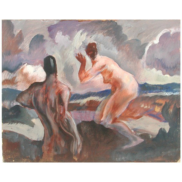 Myron Chester Nutting (Californian 1890-1972), Nud: PAINTING. Myron Chester Nutting (Californian 1890-1972), Rain Cloud, oil on board, 16" x 20", signed Nutting lower right and signed and titled on reverse. good condition unframed.