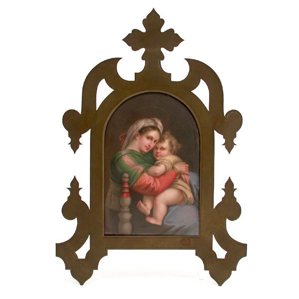 Painted Porcelain Plaque, Brass Framed: PLAQUE. Hand Painted Porcelain Plaque, The Holy Family, unmarked but KPM quality, brass framed, plaque measures 7"h 4 3/4"w and 13 1/2" tall in frame, very good condition.