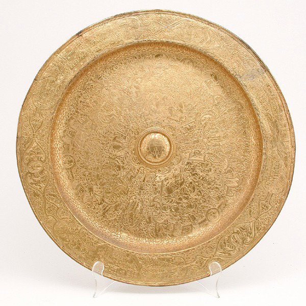 Gold Plated Continental Renaissance Charger.: CHARGER. Gold Plated Continental Charger, with Renaissance, Crusade and Roman etched motifs covering every square inch, 20" diameter, very good condition.