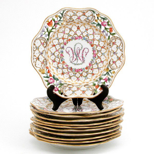 Set of 11 Dresden Plated, Floral, Gilt Openwork: PORCELAIN. Set of 11 Dresden Plate very fancy with gold and floral decoration and openwork rim, 8 3/4", very good condition
