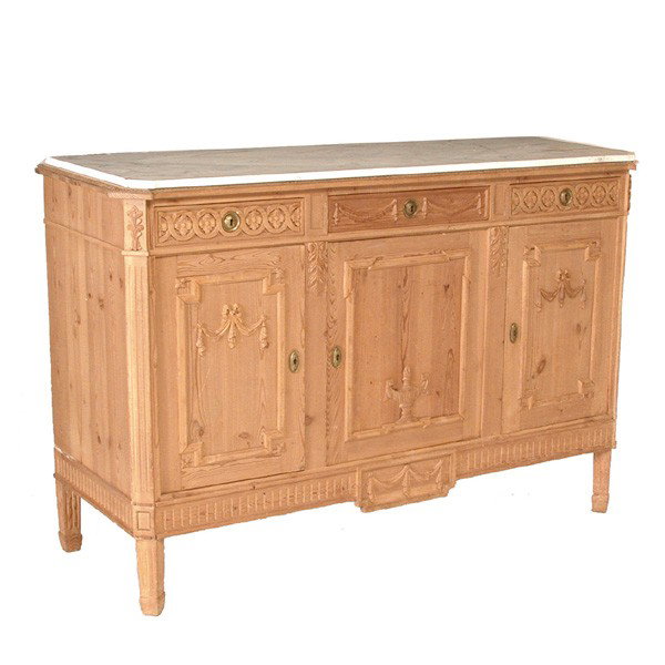 Pine Sideboard with Marble top, 19th c.: SIDEBOARD. 19th c. continental pine sideboard with urn and swag carved detail and fitted marble top, 44"h x 65"w x 24"d. Very good condition