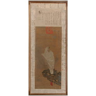 Chinese Painting, Hawk & Calligraphy, Ming Dynasty: PAINTING. Chinese Painting, Hawk & Calligraphy, signed, Ming Dynasty, 56" X 21 1/2", framed.