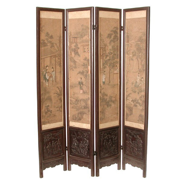 Chinese 4 Panel Painted Screen, Qing: SCREEN. Chinese 4 Panel Hand Painted Screen, Qing, in a nicely carved wooden screen, damage to one panel, each panel measures 61" x 14", total 58" long.