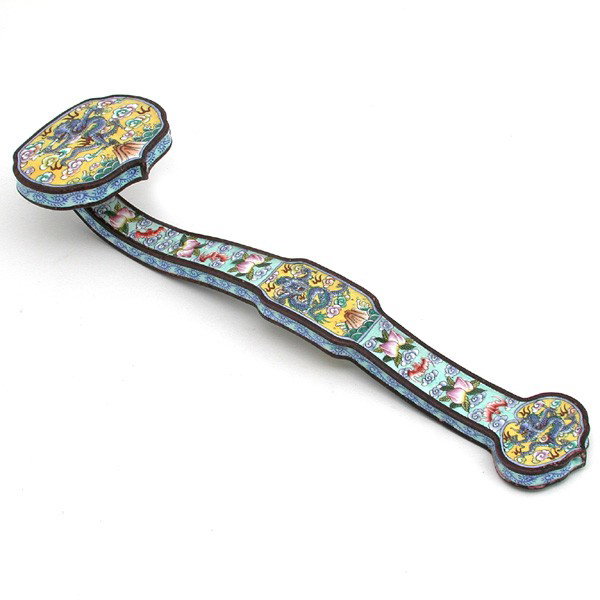 Chinese Cloisonne Rui Scepter, 13" long: SCEPTER. Chinese Cloisonne Rui Scepter with peaches and dragons, 13" long very good condition.