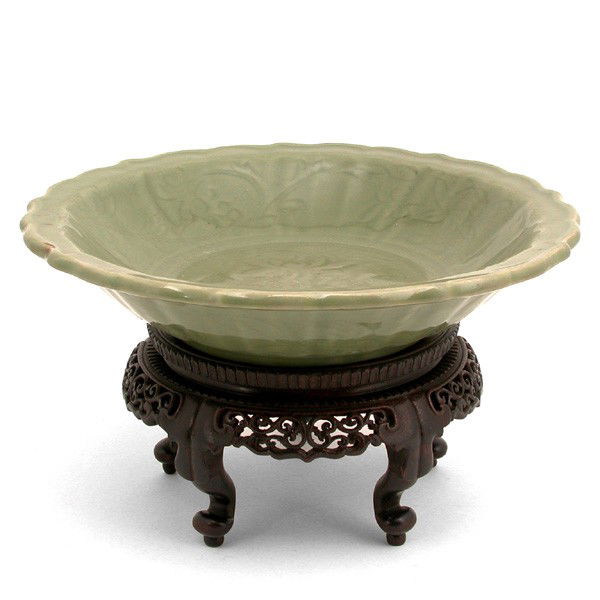 Ming Dynasty Long Quan Charger on Stand, 14"dia: CHARGER. Ming Dynasty Long Quan charger on period hardwood wooden stand, 14"dia x 3: deep.