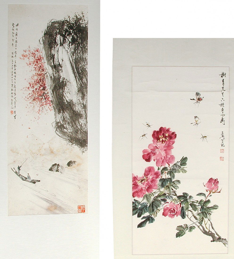 Two Chinese Scroll Paintings (2): PAINTINGS. Lot of two Chinese Scroll Paintings (2). 1. "Landscape" hanging, signed Fu Baoshi, size 32 in x 12.5 in; 2. "Flower" hanging scroll signed Xuetao, size 29 in x 15 in