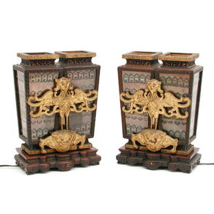 Pair of Chinese Double Urn Lamps, 12 3/4" tall: LAMPS. Pair of Chinese Double Urn Lamps, all 4 have mica panels decorated with chinese motifs and an impressive gilt metal Bat standing on the front of each lamp, both seated on carved wooden stands,