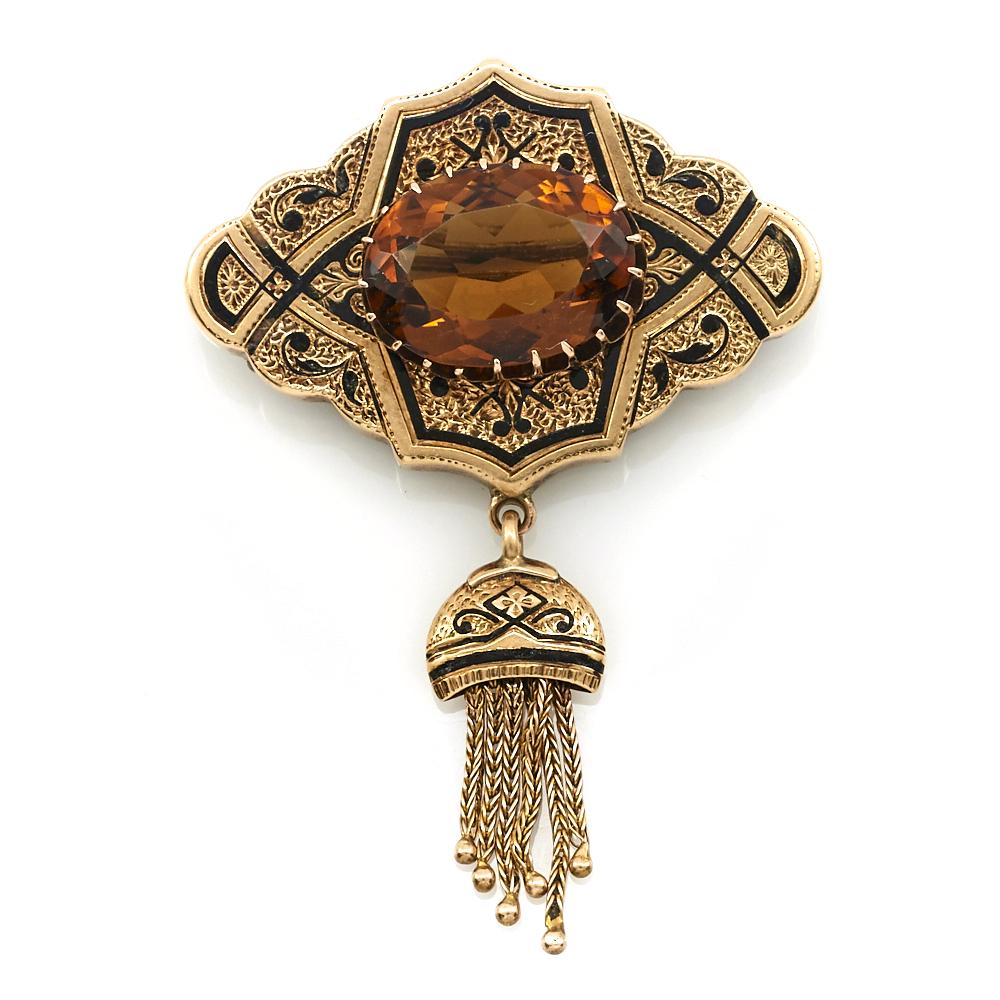 14k gold, citrine & enamel engraved Victorian brooch (1 of 1)