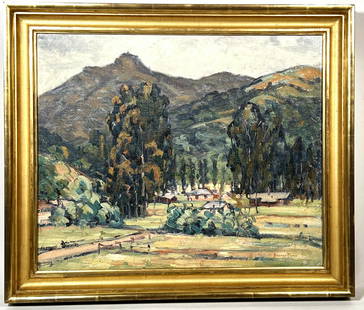 Rinaldo Cuneo, San Anselmo Station, oil on canvas: Rinaldo Cuneo, San Anselmo Station with view of Mt. Tamalpais, oil on canvas, signed lower right. Purchased from Garzoli Gallery, San Rafael, Ca. 20 1/4" x 24 1/4"; Frame: 24" x 28". Very good