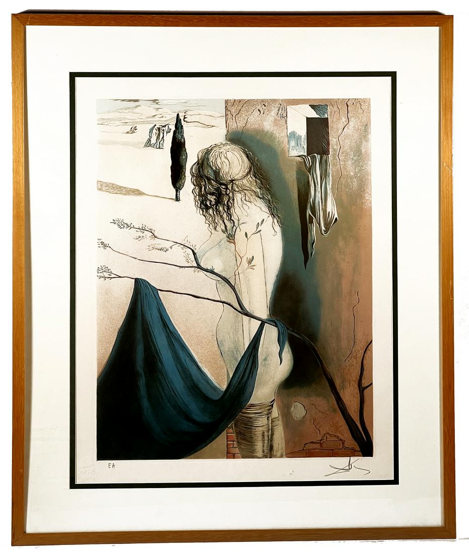 "Femme Surrealist II" signed Dali: "Femme Surrealist II" signed Dali in pencil lower right and marked in pencil "EA" along with blindstamp lower left. See additional information verso on card. Viewed under mat: 25 1/2" x 19"; Frame 33"