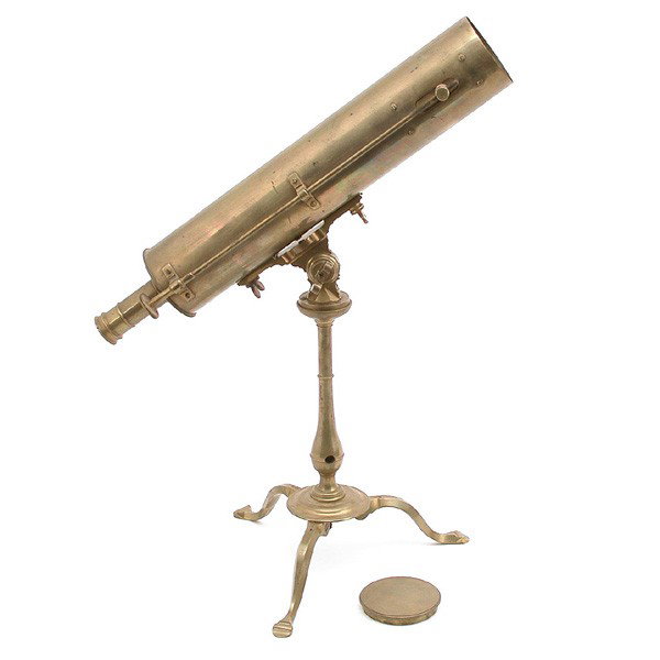 Brass reflecting telescope and stand, W & S Jones: TELESCOPE. Brass reflecting telescope on original tripod stand, with original fitted wood case. Case includes lens cap. Inscribed on tube W & S Jones, 30 Holborn, London. Tube 16 1/2". All original.