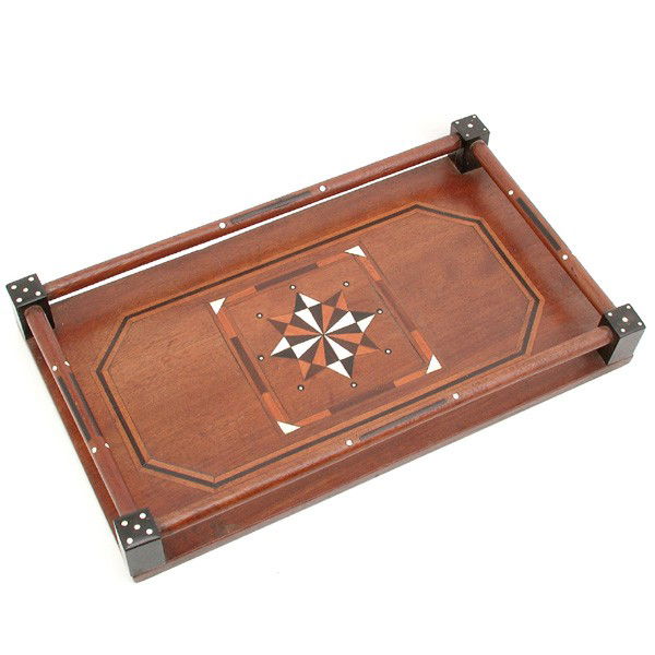 Antique Teak, Ebony, Ivory and Mahogany Tray,: TRAY. Beautiful Antique Teak, Ebony, Ivory and Mahogany tray with gallery sides and compass rose center inlay, 19" wide x 11 1/4" deep.