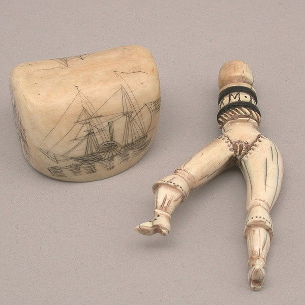 Antique Erotic Pipe Tamp and Stamp: LOT. Erotic antique ivory pipe tamp with the name M.N. Dean above an explicit pair of bloomers accompanied by an ivory ship scrimshaw stamp for James E. Hibbs. Tamp measures 3 1/4" tall, Early 20th c.