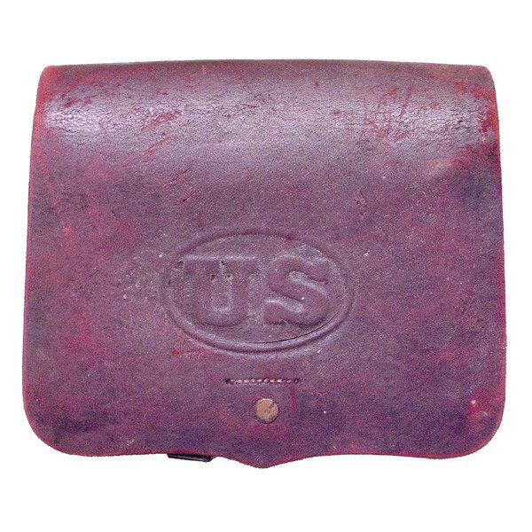 Leather Civil War cartridge case with folding fron: CARTRIDGE BOX. Leather Civil War cartridge case with folding front flap ALSO with interior folding flap. Front flap is embossed "US". Overall in very good condition with a red tint.