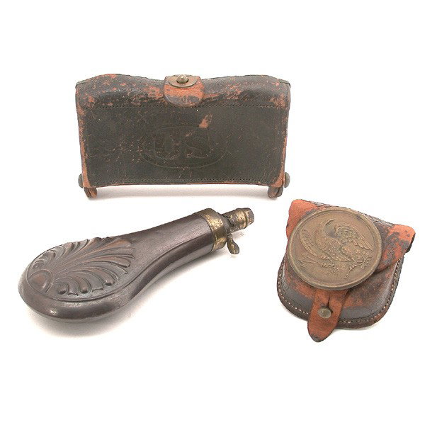 U.S Cartridge Box, Cap Pouch & Powder Flask.: LOT. U.S. black leather cartridge box, marked on back "Watervillet Arsenal", 5 x 6-1/4 in., leather with minor wear and surface abrasions; Leather Civil War Cap Pouch, maker stamped "C.S. Storms New Y