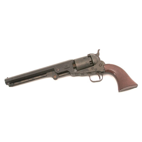 Percussion Cap Revolver, unmarked: REVOLVER. Percussion Cap 6 shot revolver, unmarked, plugged, 13" long.
