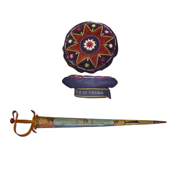 Blue navy flat hat and painted swordfish bill: LOT. 2 Items include an exceptional blue navy flat hat and a painted swordfish bill. The hat is embroidered on top with multi colored stars, star burst, leaf designs etc and the ship's name "ALABAMA" 