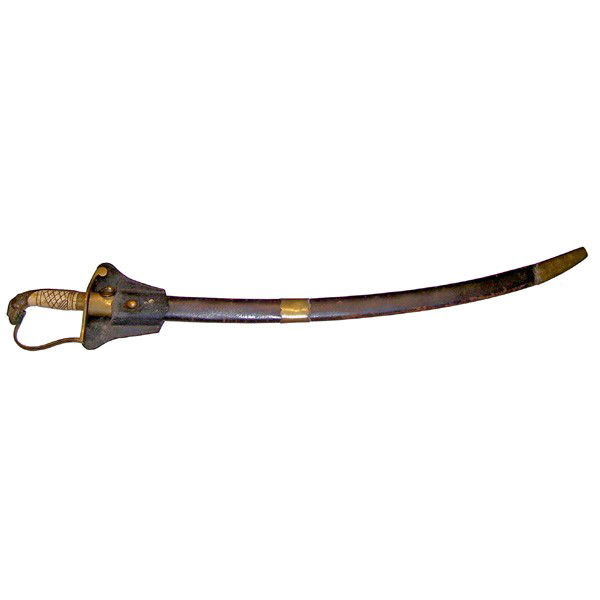 Early eagle head officer's dress sword: SWORD. A very good early eagle head officer's dress sword. This sword with curved blade, brass guard & eagle with a decorative bone handle. The leather scabbard is brass mounted and comes with leather
