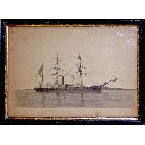 Albert Cook Church Drawing, American Whaler: DRAWING. A.C.C. American 20th c. Pen and ink drawing of an American Steam whaler, notation on back "AMERICAN ARCTIC STEAM WHALER" and "Alexander". Painting measures 10" X 14" plus frame. Signed "A.C.C