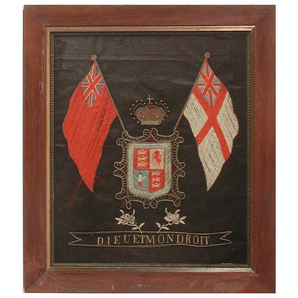 19th. Century Patriotic English Silk Work: SILKWORK. English silkwork with "Dieu et Mon Droit"(God and My Right) and the British crest, 17 1/2" x 14 1/2".