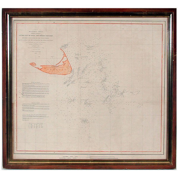 Davis' South Shoal and Other Dangers - Nantucket: MAP. Davis' South Shoal and Other Dangers - Nantucket, U.S. Coast Survey Office 1851, Mass, Hand Colored, 18" x 19 1/2", minor yellowing. This antique coastal survey of Nantucket area was made for the