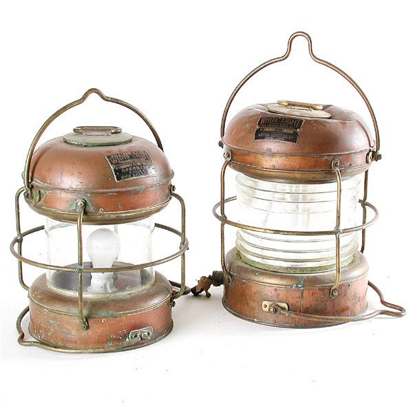 2 White Light Ship's Lanterns: LANTERNS. 2 ship's lanterns, brass and copper, set with label naming the type "White Light" electric system, type - American Bureau rule, mfd. by Nippon Sento Co. Tokyo Japan, one electrified, good co