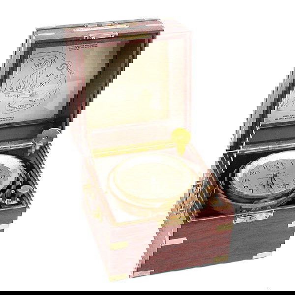 Hamilton Chronometer in Mahogany Box: CHRONOMETER. Hamilton chronometer #8176 in original brass bound mahogany box, 755" x 7.75" x 7.5" with log book