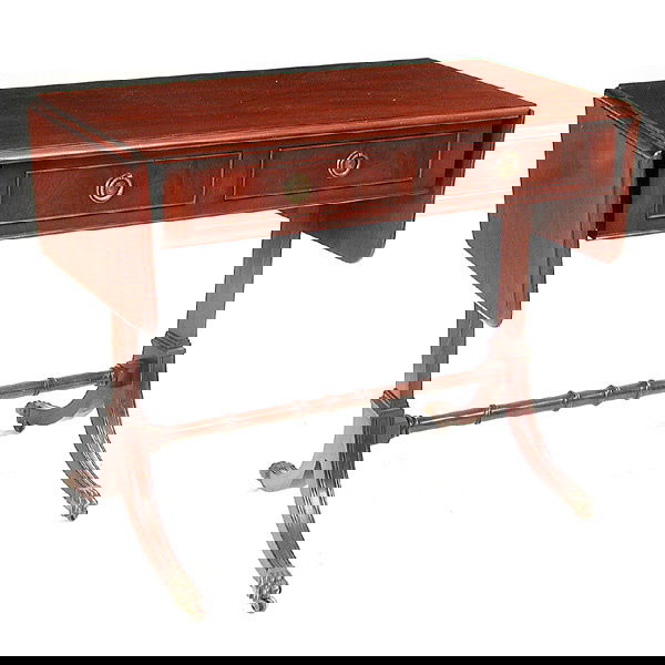 Duncan Phyfe Sofa Table: TABLE. Duncan Phyfe style two drawer drop leaf sofa table, 36" x 20" x 30.75" (57" extended) very good condition