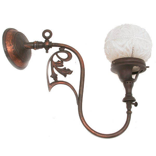 Inverted Art Nouveau Sconce: SCONCE. Inverted Art Nouveau sconce with copper wash and frosted and clear glass ball shade. 13" h x 16" d, in good original condition. Electrified.