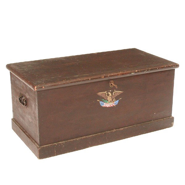 Pine Carpenter's Chest, 19th century: CARPENTER'S CHEST. 19th century pine carpenter's chest with strap hinges, fitted drawer and box interior in old brown paint with later American eagle decal. 18" h x 38" w x 20" d, in very good conditi