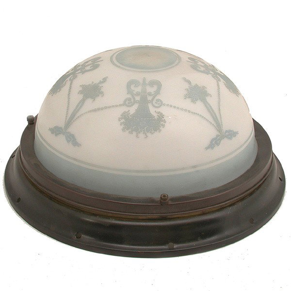 Etched Dome Flush Mounted Light: LIGHT. Flush mounted dome light with Art Deco etched glass dome. 14.5" diameter, 6.5" d, in very good original condition.