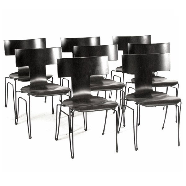 Set of Eight (8) Donghia "Anziano" Chairs, Beech: CHAIRS. Set of eight Donghia "Anziano" ebonized beech chairs. 31" h x 17" w x 20" d, in good condition.