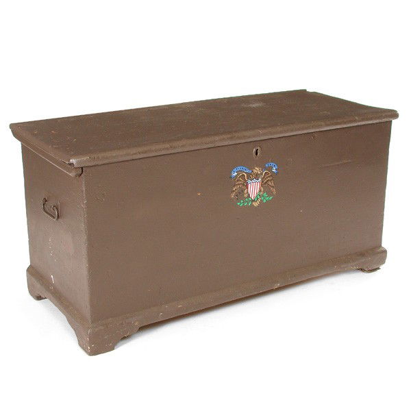 Pine Carpenter's Chest, 18th/19th century: CARPENTER'S CHEST. 18th/19th century pine carpenter's chest with original strap hinges and fitted interior box. In old gray paint with original wrought iron handles and later American eagle decal. 23"