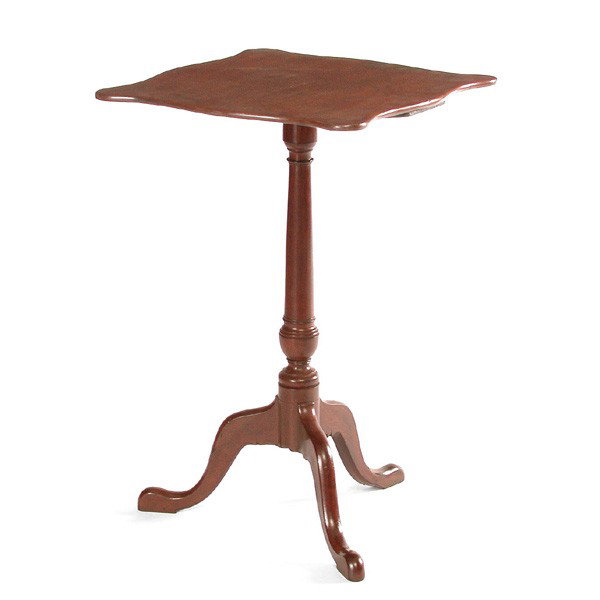 American Candle Stand, 18th/19th century maple: CANDLE STAND. American maple candle stand with shaped top on tripod base. 26" h x 17" w x 17" d, very good condition.