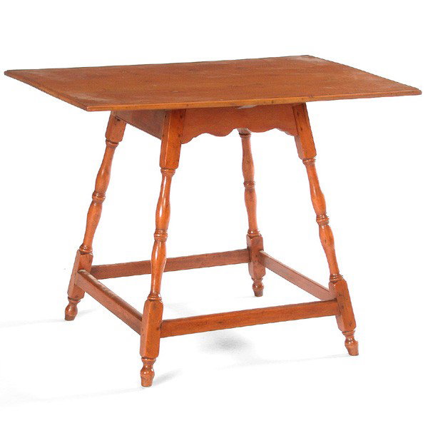 American Work Table, 18th/19th century, maple: WORK TABLE. American maple work table with rectangular top on turned legs and stretcher base, 18th/19th century. 25.5" h x 22" w x 21.5" d, very good condition.