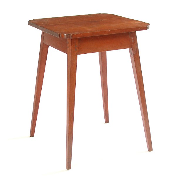 American Period Work Table, 18th/19th c., cherry: TABLE. 18th/19th century American cherry work table with shaped top, pegged construction and tapered legs. 28.5" h x 21.25" w x 21.25" d, in very good condition.