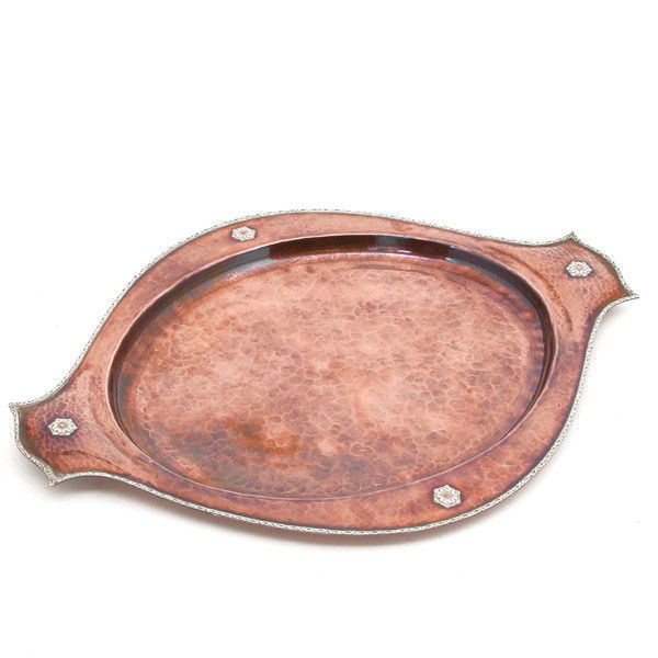A.E. Jones Hammered Copper and Silver Tray: TRAY. A.E. Jones hammered copper and silver tray with rosettes, numbered "2430.20" on back. 20.5" l x 15.25" w, in very good condition.