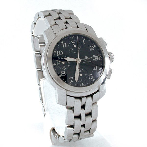 Gents Baume & Mercier Chronograph Watch: WATCH. Gents Baume & Mercier chronograph wristwatch in stainless steel, gray/black dial, automatic, very good running condition, retains original box.