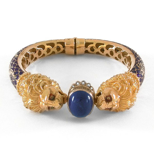 179 18k Gold Lion's Head Bracelet w/ Diamonds, Lapis,
