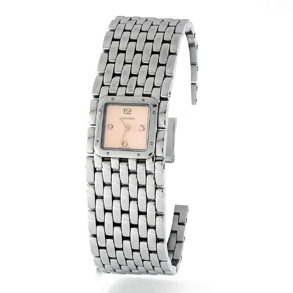 Ladies Cartier Watch with Mother of Pearl Dial: WATCH. Ladies high polished stainless steel "Cartier Tank Ruban" wristwatch, mother of pearl dial with signature Roman numerals, quartz movement, retains original boxes, certificate and instruction ma
