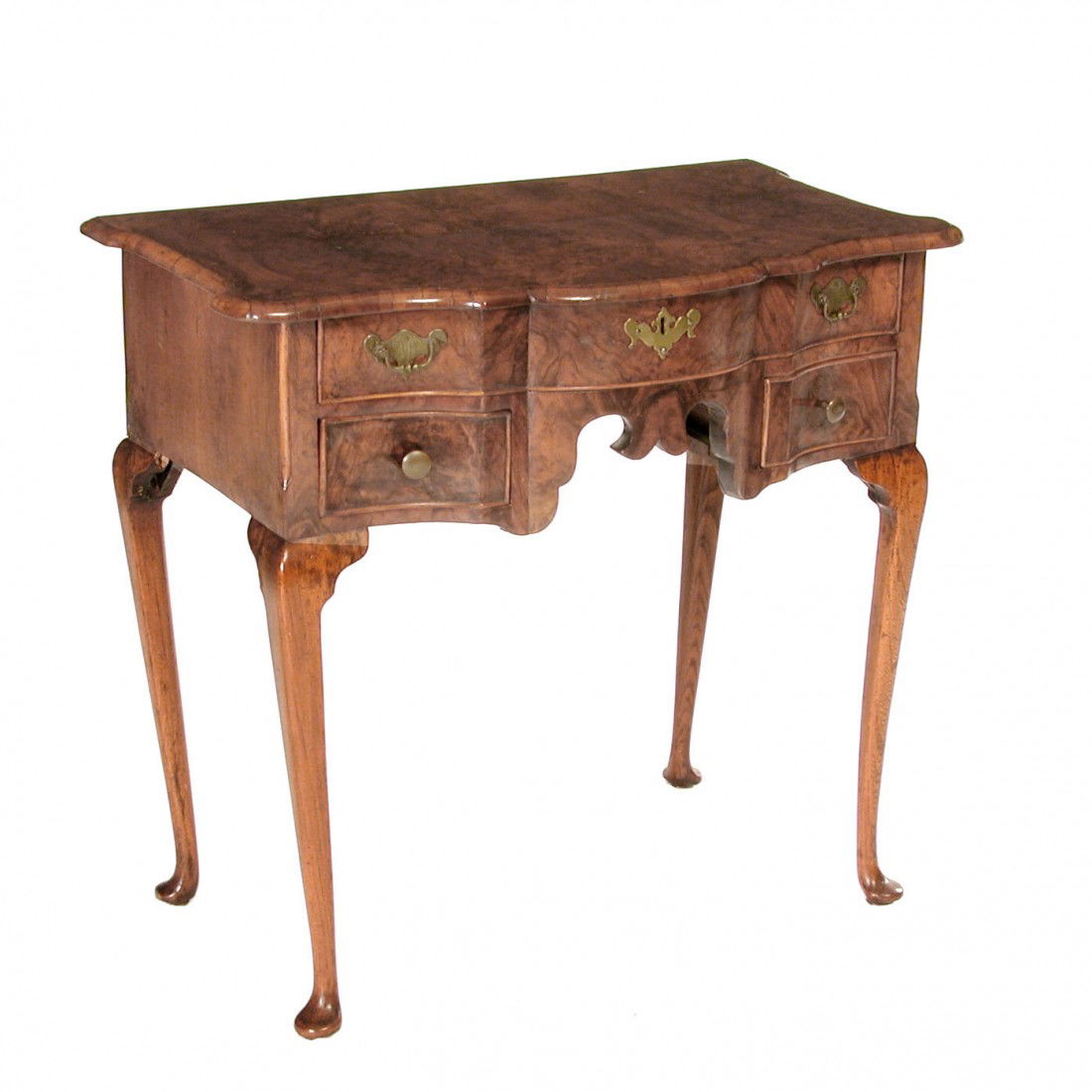 Queen Ann Walnut Burl Lowboy, 19th c.: LOWBOY. Queen Ann walnut burl lowboy with shaped top and stepped front on cabriole legs, 29"h x 31"w x 18 1/2"d. Very good condition.