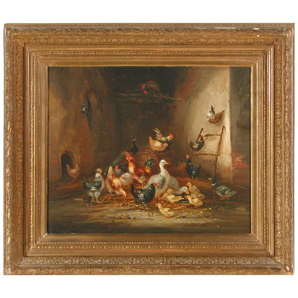 Claude Guilleminet Painting, Barnyard Scene: PAINTING. Claude Guilleminet (French, 1821-1860), various fowl in barn setting. Oil on canvas, 21" x 25.5", signed lower left, in very good original condition.