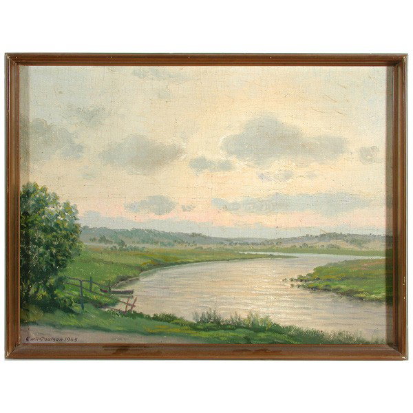 Emil Poulsen, Gudenaaen Near Randers: PAINTING. Emil Poulsen, 1945, Gudenaaen Near Randers, oil on canvas, signed and dated lower left, 22.5" x 29.75", in very good condition.
