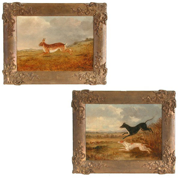 Attributed to S. Howitt, Animal Paintings: PAINTINGS. Attributed to S. Howitt. Pair of 18th/19th century English animal paintings, one with dogs chasing hare, and the other a hare running full out. Both oils on canvas, unsigned, 10" x 13.5", i