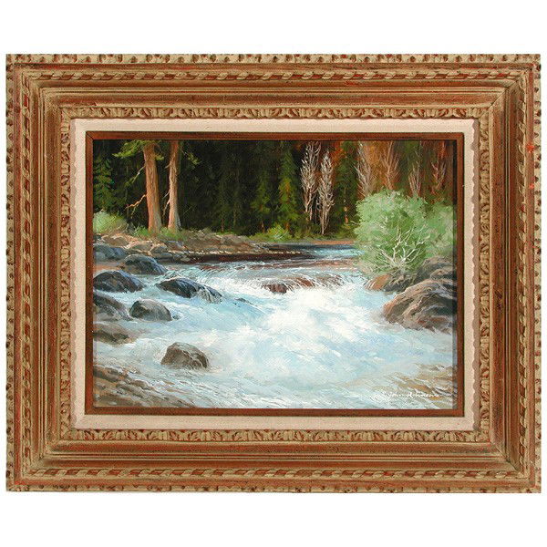 E. John Robinson, "Wooded Stream": PAINTING. E. John Robinson, "Wooded Stream", oil on canvas, signed lower right, titled and signed on back, 12.25" x 16", in very good condition.